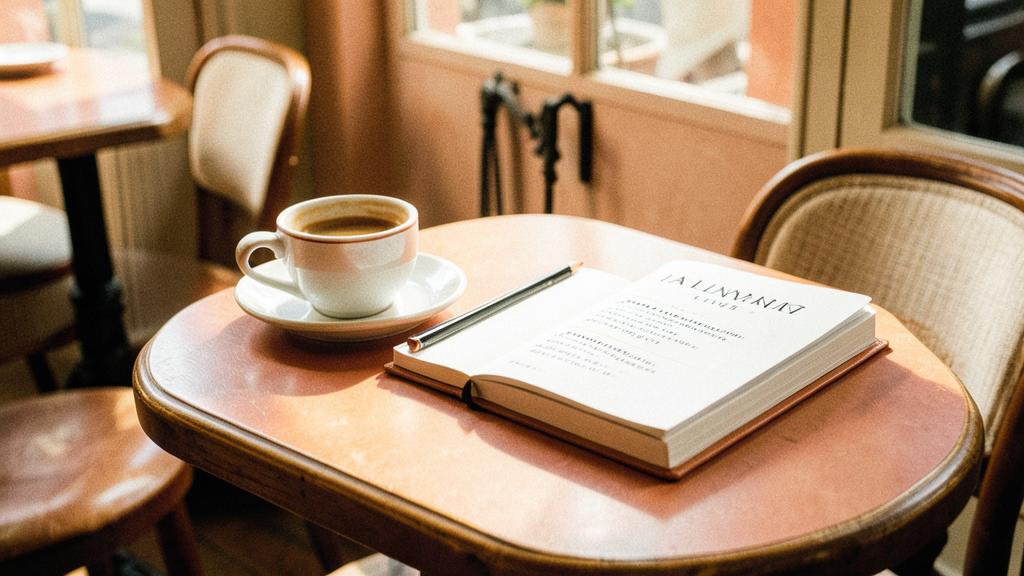 Espresso and an open Italian notebook on a sunlit café table