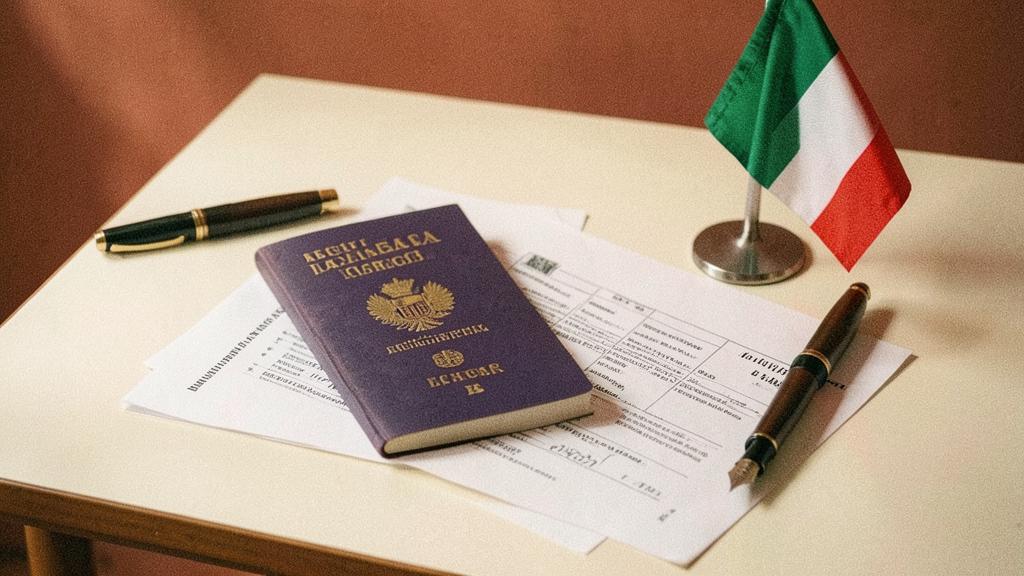Italian flag, passport and exam papers on a desk