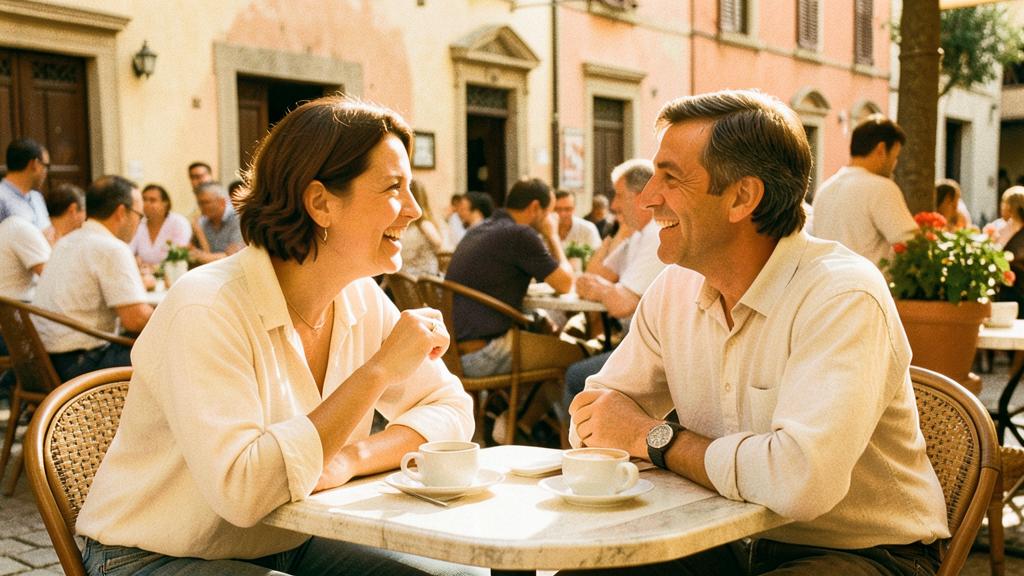 Two people chatting happily over coffee in an Italian piazza