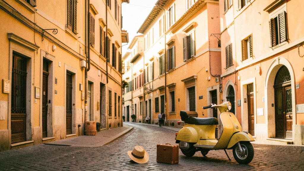 Sunlit Italian street with a vespa, suitcase and straw hat